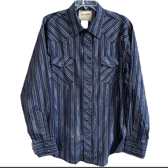 Vintage Wrangler  Western Dress Shirt Pearl Snap Men  XL/TG Metallic Silver Blue - Picture 3 of 11